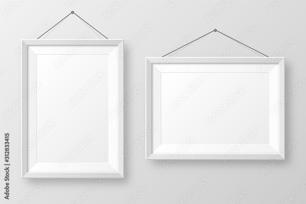 Realistic hanging on a wall blank white picture frame with shadow ...