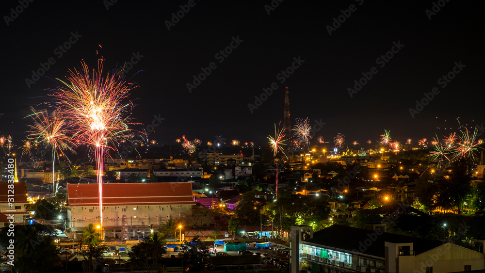 New year firework in sakon nakhon province,thailand.-02 January 2020