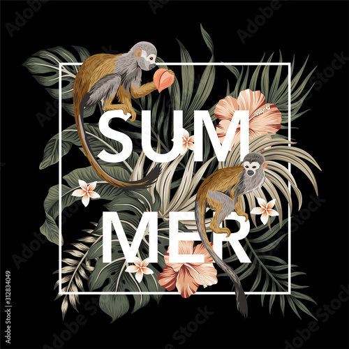 Canvas Print Tropical summer slogan monkey animal, hibiscus flower, palm leaves, banana leaves vintage floral illustration