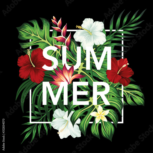 Tropical summer slogan hibiscus flower, exotic flower, palm leaves floral illustration. Exotic frame print.