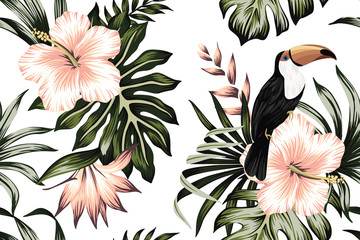 Stickers Vintage bloemen patronen Tropische toekan met hibiscus jungle  © good_mood