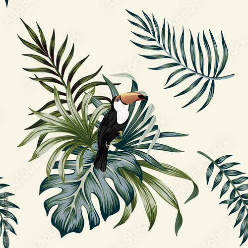 Tropical vintage toucan parrot floral palm leaves seamless pattern ivory background. Exotic jungle wallpaper.