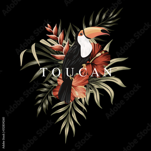 Tropical toucan slogan floral palm leaves, hibiscus flowers, parrot vintage illustration. Exotic summer print.