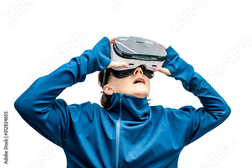 old woman in 360 view virtual reality headset playing the game isolated on white background. 3D device gadget for watching movies for travel and entertainment in 3d space.. Cardboard VR AR glasses