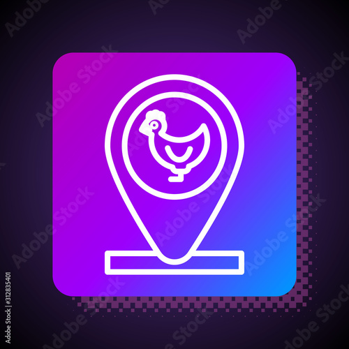 White line Chicken farm and location icon isolated on black background. Square color button. Vector Illustration