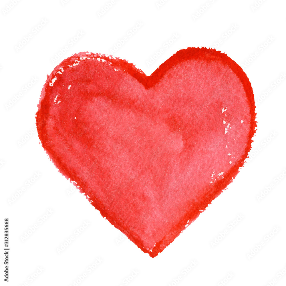 Watercolor red heart shape. Bright textured hand-drawn illustration on a white background isolated. Perfect for the design of postcards, posters, textile with free space for text