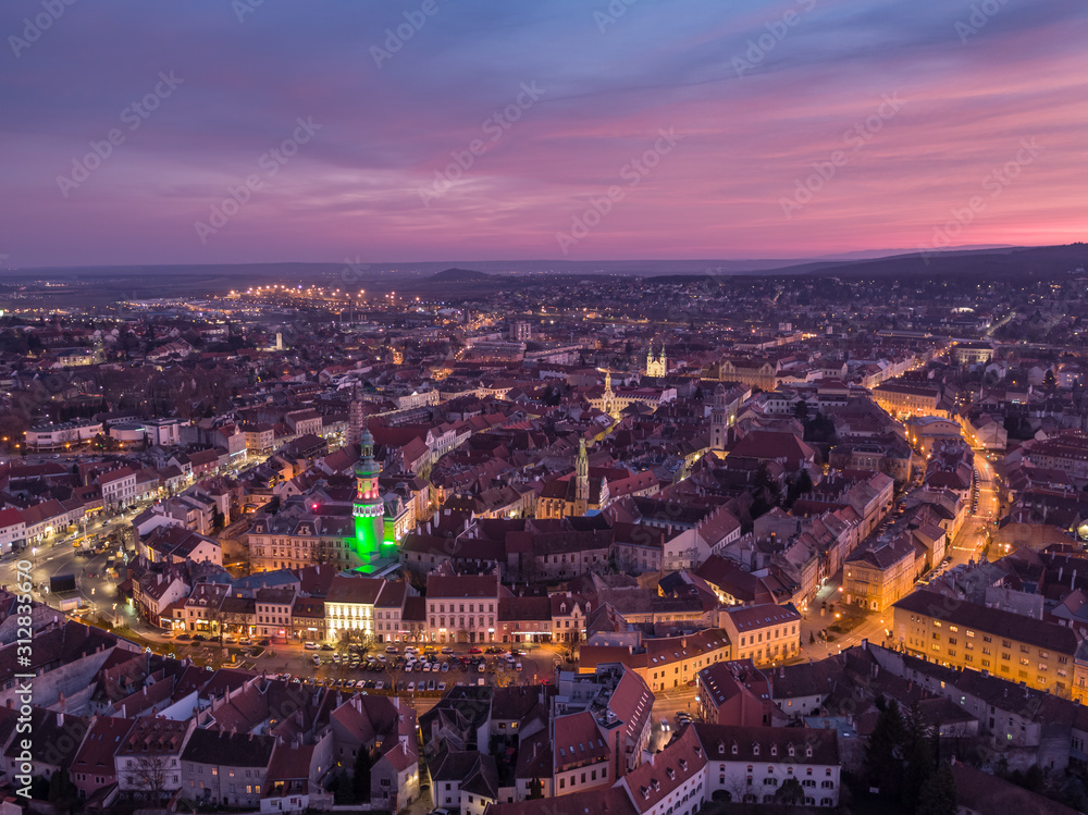 Aerial panorama of medieval Sopron with fire tower
