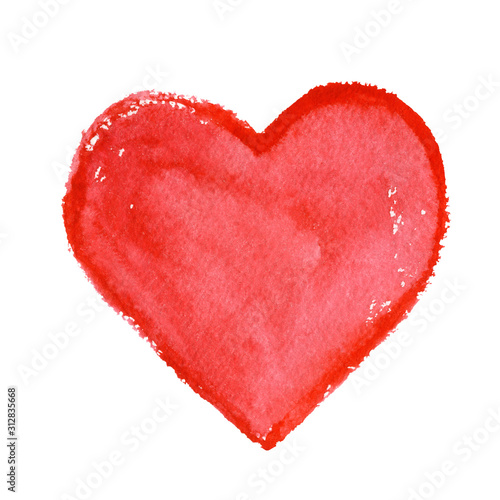 Watercolor red heart shape. Bright textured hand-drawn illustration on a white background isolated. Perfect for the design of postcards, posters, textile with free space for text