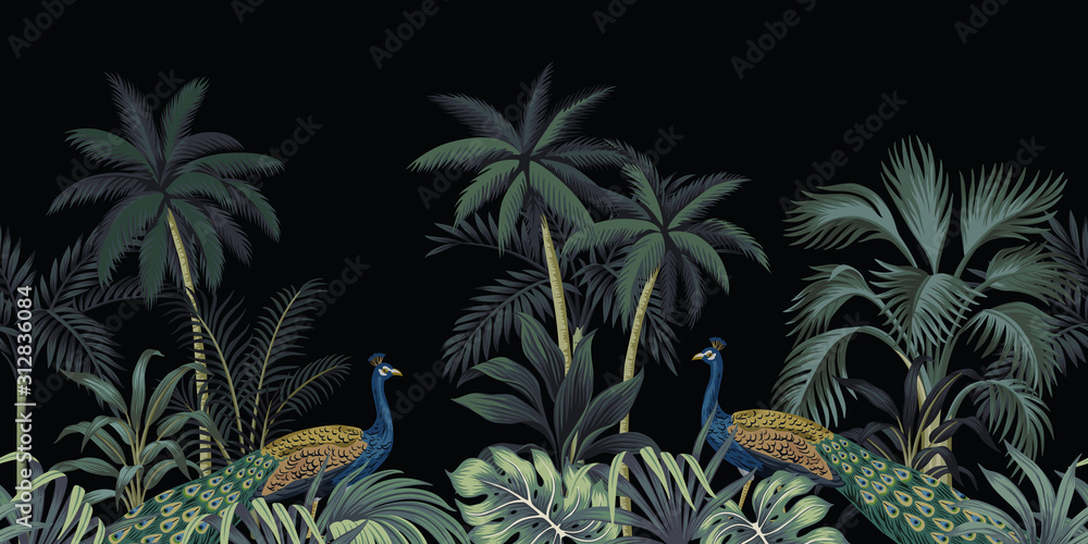 Fototapete mit Tropischer Nachtweinlesepfau, -palme und -pflanzenblumennahtloses Grenzschwarzhintergrund. Exotische Dschungeltapete. #312836084