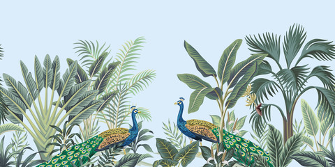 Fototapete Vintage botanische Landschaft Vintage Pfau Palmen Bordüre Blau  © good_mood