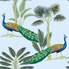 Acrylglasbilder Pfauenmuster Vintage Dschungel Pfau mit Palmen  © good_mood