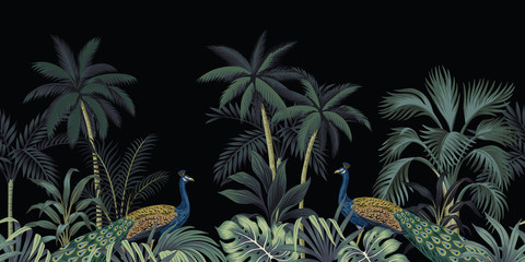 Fototapete Vintage botanische Landschaft Nächtlicher Pfau Palmen Bordüre Schwarz  © good_mood