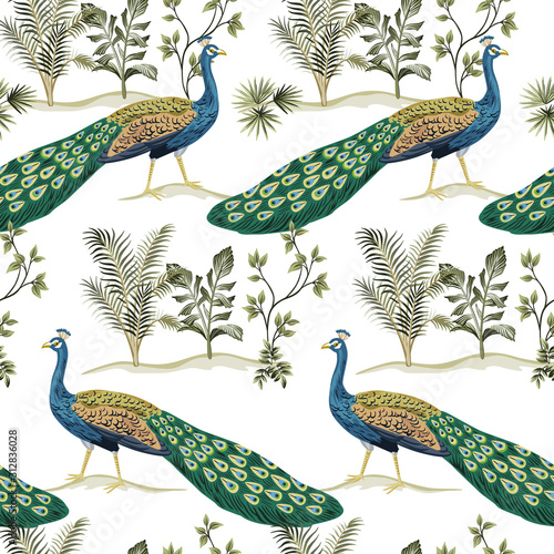Tropical vintage peacock bird, plant floral landscape seamless pattern white background. Exotic jungle wallpaper.