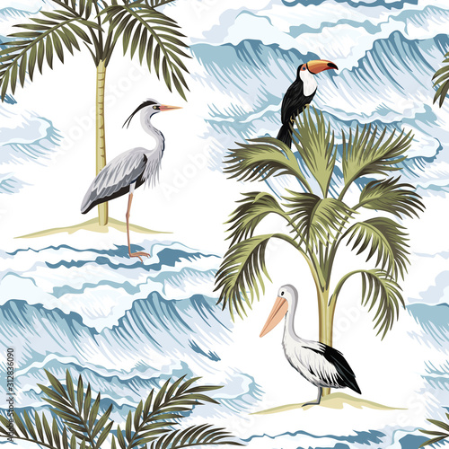 Hawaiian vintage island, palm tree, heron, pelican, toucan and sea waves summer floral seamless pattern.Exotic jungle wallpaper.