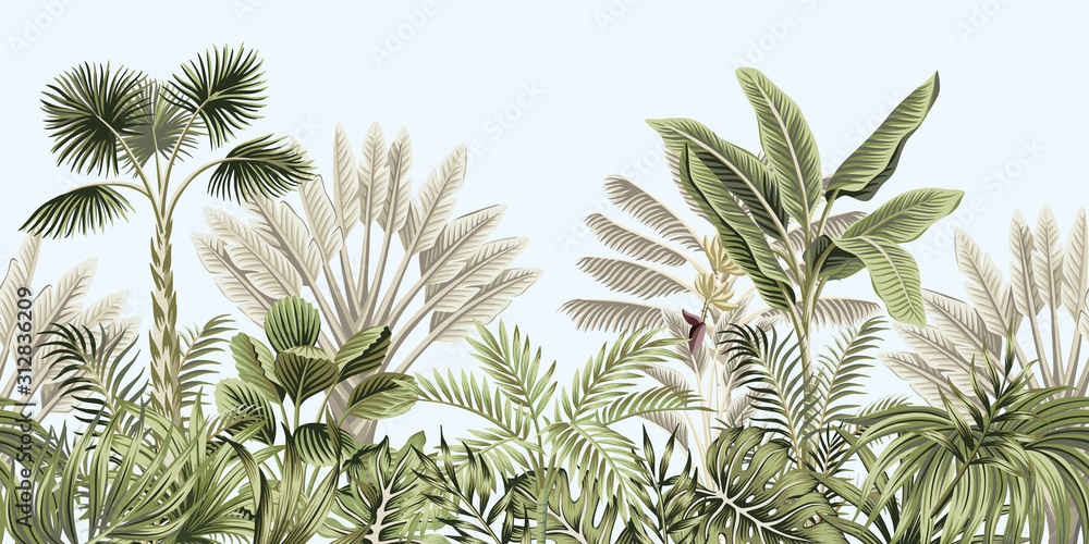 Tropical Vintage Botanical Landscape Palm Tree Banana Tree Plant Floral Seamless Border Blue Background Exotic Green Jungle Wallpaper Stock Vector Adobe Stock