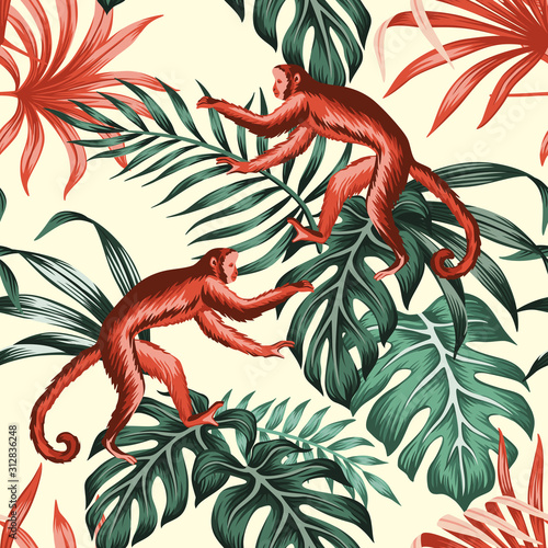 Tropical vintage red monkey animal, green palm leaves floral seamless pattern yellow background. Exotic jungle wallpaper.