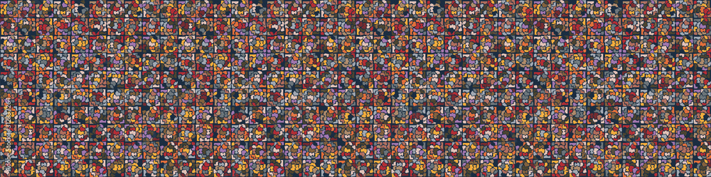 Naklejka Dark pebble mosaic effect vectorbanner texture. Masculine geometric seamless border melange pattern. Hand drawn variegated irregular shapes background. Textured classic brown hipster ribbon trim.