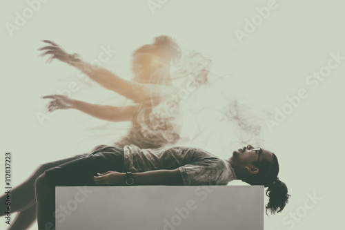 The mind of an Asian long haired man fell out of his body while sleeping.