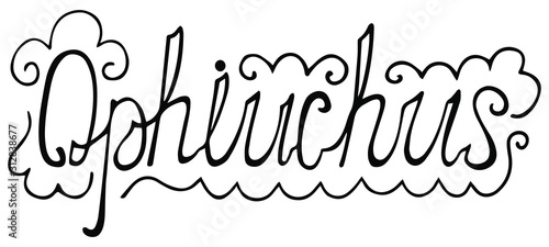 Hand-drawn decorated inscription Ophiuchus. Zodiac logo in Victorian style on a white background. Astronomical calligraphy with wavy ornaments. Vector.