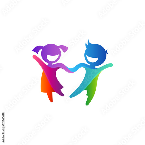 Colorful two kids play logo design, creative child logo template, modern children education logo, happy boy and girl holding hands and laughing vector illustration