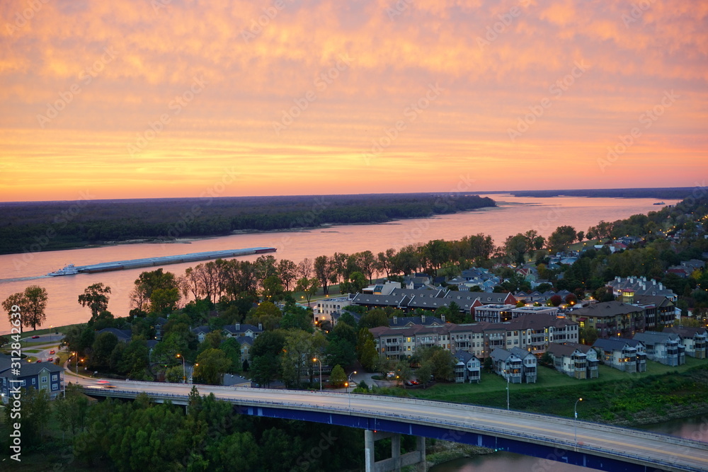 The sunset over Mississippi river to connect  Tennessee and Arkansas at Memphis 