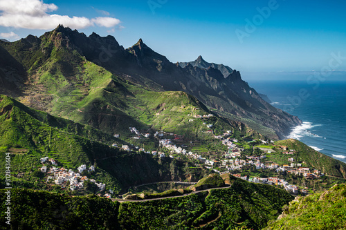 Anaga Rural park, view from El Bailadero viewpoint towards villages of Azanos and Taganana in Tenerife, Canary Islands, Spain.