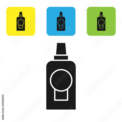 Black Mouthwash plastic bottle icon isolated on white background. Liquid for rinsing mouth. Oralcare equipment. Set icons colorful square buttons. Vector Illustration