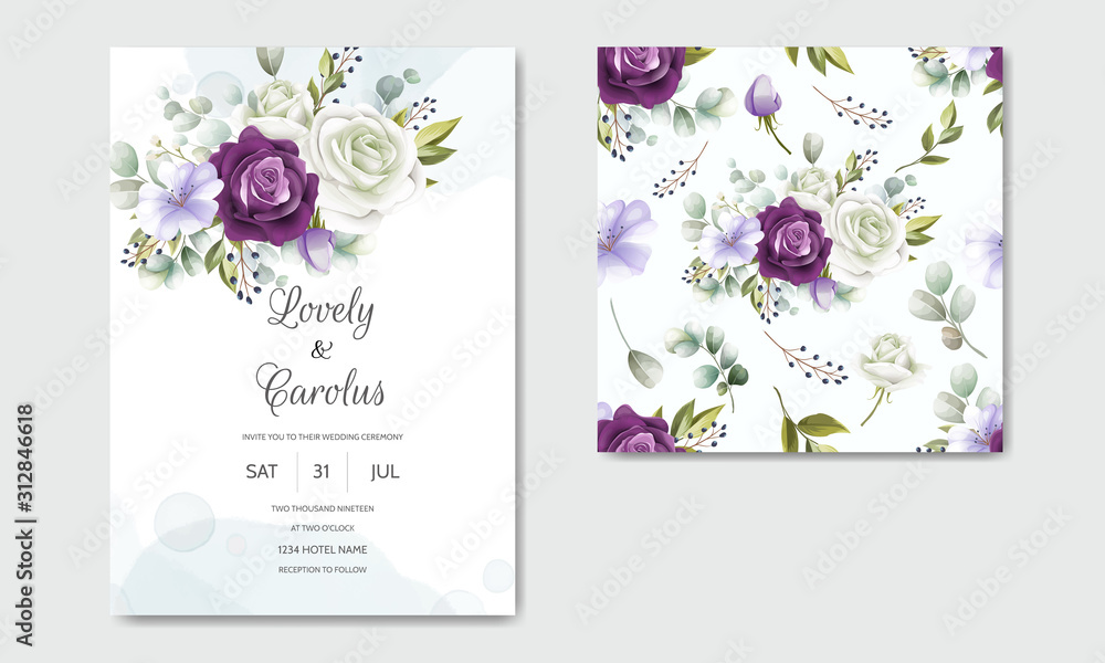 Elegant wedding invitation card template set with seamless pattern floral