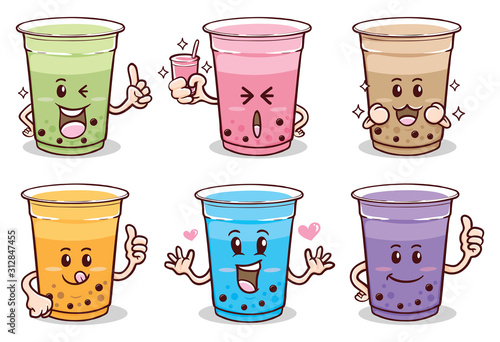 kawaii cute emoji sticker set of character cartoon bubble milk tea