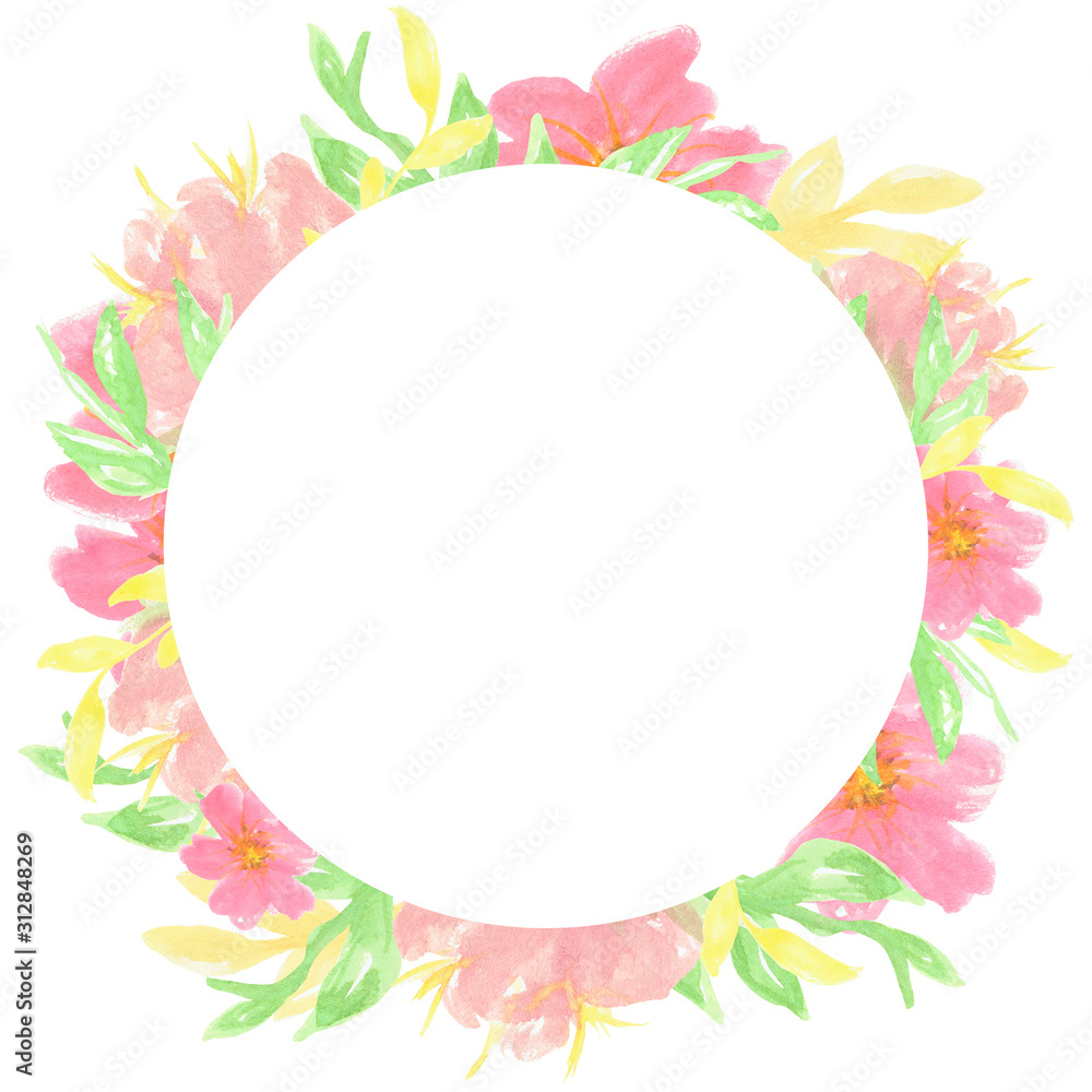 card or invitation with hand-painted flowers with watercolors on a white background with a white circle for text card or invitation with hand-painted flowers with watercolors on a white background with a white circle for text
