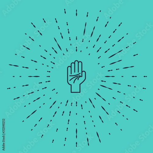 Black line Palmistry of the hand icon isolated on green background. Abstract circle random dots. Vector Illustration