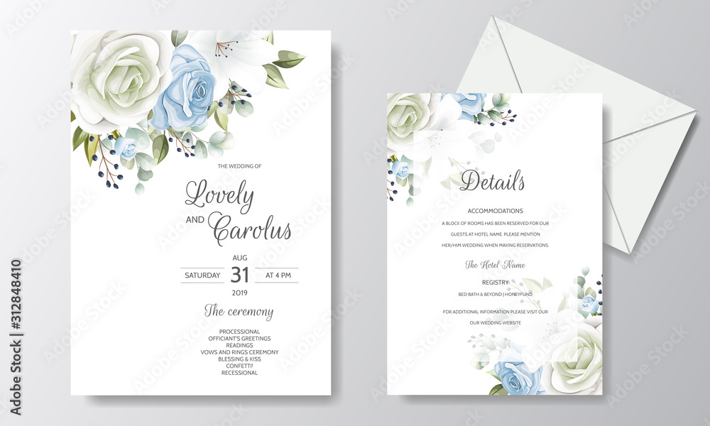 Elegant wedding invitation card template set with floral decoration