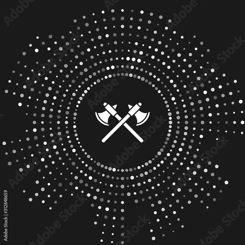 White Crossed medieval axes icon isolated on grey background. Battle axe, executioner axe. Abstract circle random dots. Vector Illustration