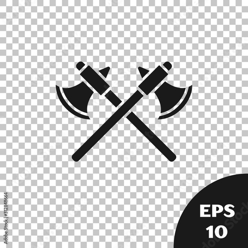 Black Crossed medieval axes icon isolated on transparent background. Battle axe, executioner axe. Vector Illustration