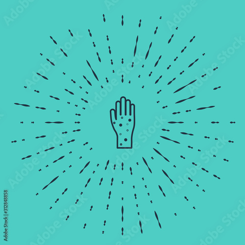 Black line Hand with psoriasis or eczema icon isolated on green background. Concept of human skin response to allergen or chronic body problem. Abstract circle random dots. Vector Illustration