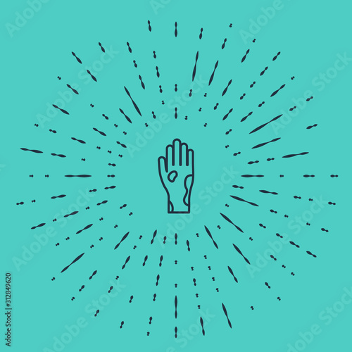 Black line Hand with psoriasis or eczema icon isolated on green background. Concept of human skin response to allergen or chronic body problem. Abstract circle random dots. Vector Illustration