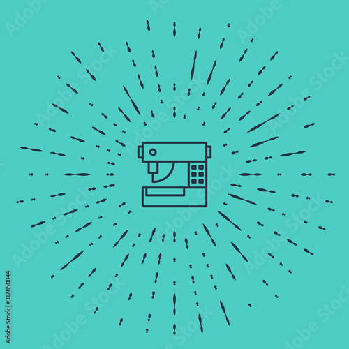 Black line Sewing machine icon isolated on green background. Abstract circle random dots. Vector Illustration
