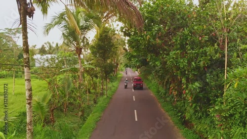 Rear drone fly above countryside asphalt road with pretty evegreen landscape photo
