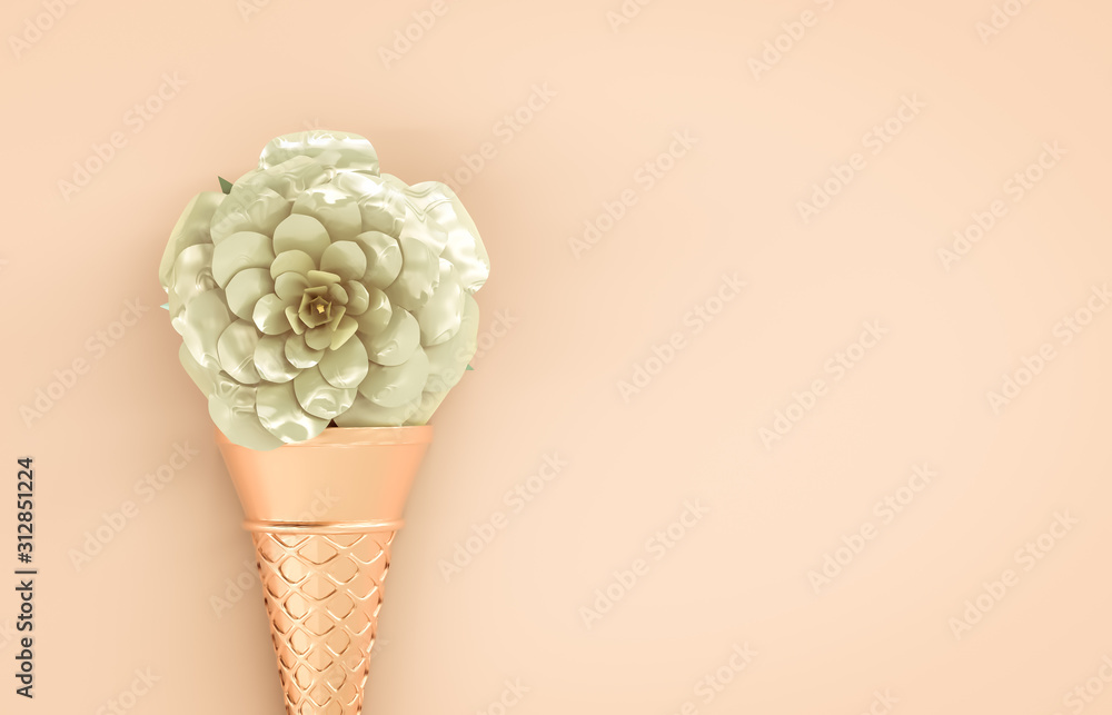 Sweet Valentine's day with rose flower on ice cream cone. Love Concept. top view. Flat lay. 3d render.