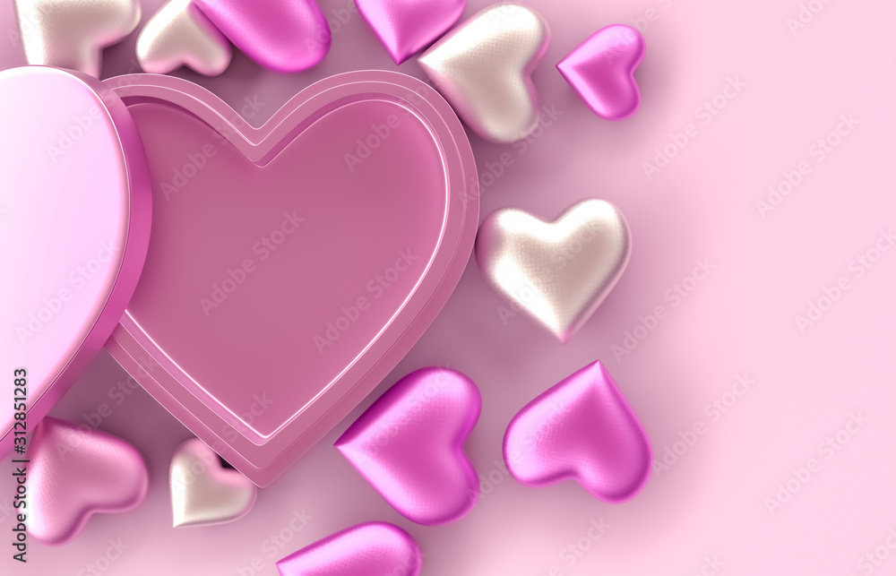 Empty pink Heart gift box for product display. Valentine's day background. Pink background. 3d rendering. top view. Flat lay.