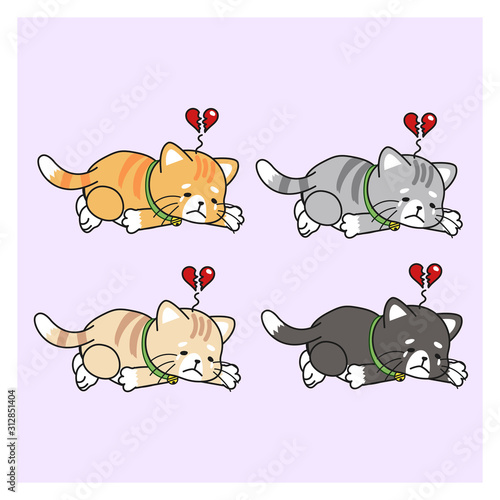 Set of variety cute kawaii sad cat. Cute cat crying due to broken heart. Valentine day.