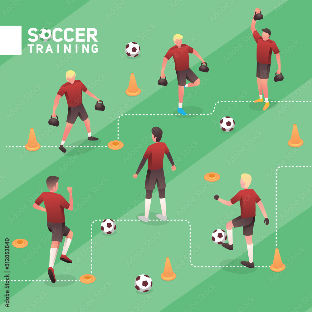 Fototapeta premium Soccer Man Red Team Training Isometric Vector illustration Set