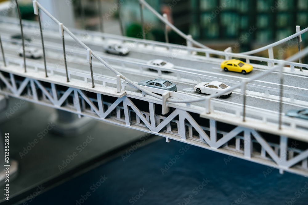 close up of model small cars on the overpass, traffic concepts.