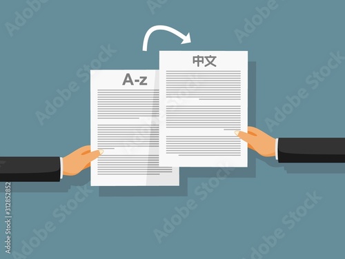 Person's hands are holding similar documents in different languages.