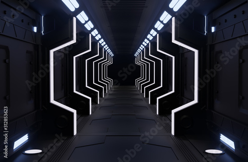 3D rendering elements of this image furnished ,Spaceship black interior with view,tunnel,corridor,light copy space,nobody