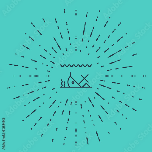 Black line Sunken ship at the bottom of the sea icon isolated on green background. Abstract circle random dots. Vector Illustration
