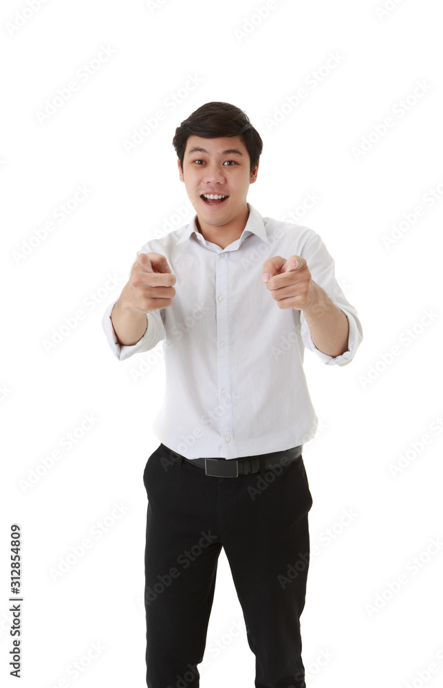 Smiling asian man looking and pointing at camera isolated on white background Smiling asian man looking and pointing at camera isolated on white background