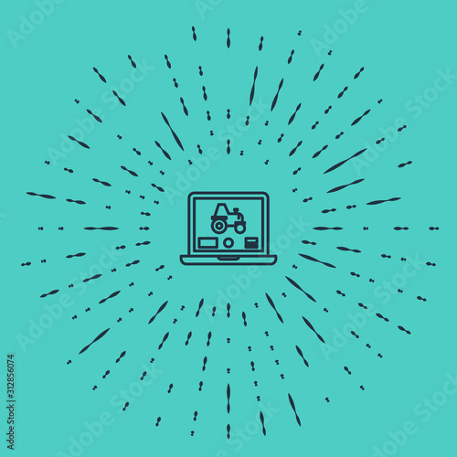 Black line Laptop application for control a autonomous tractor on a smart farm icon isolated on green background. Smart agriculture implement. Abstract circle random dots. Vector Illustration