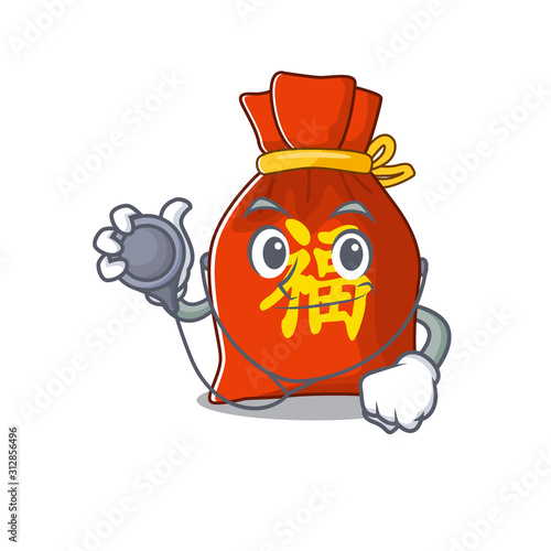 Cute chinese money bag Scroll cartoon character in a Doctor with tools