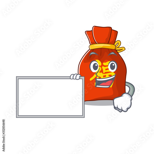 Chinese money bag Scroll with board cartoon mascot design style